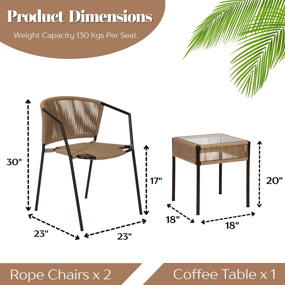 Outdoor Rope 3-Piece Patio Chairs Set (Beige)