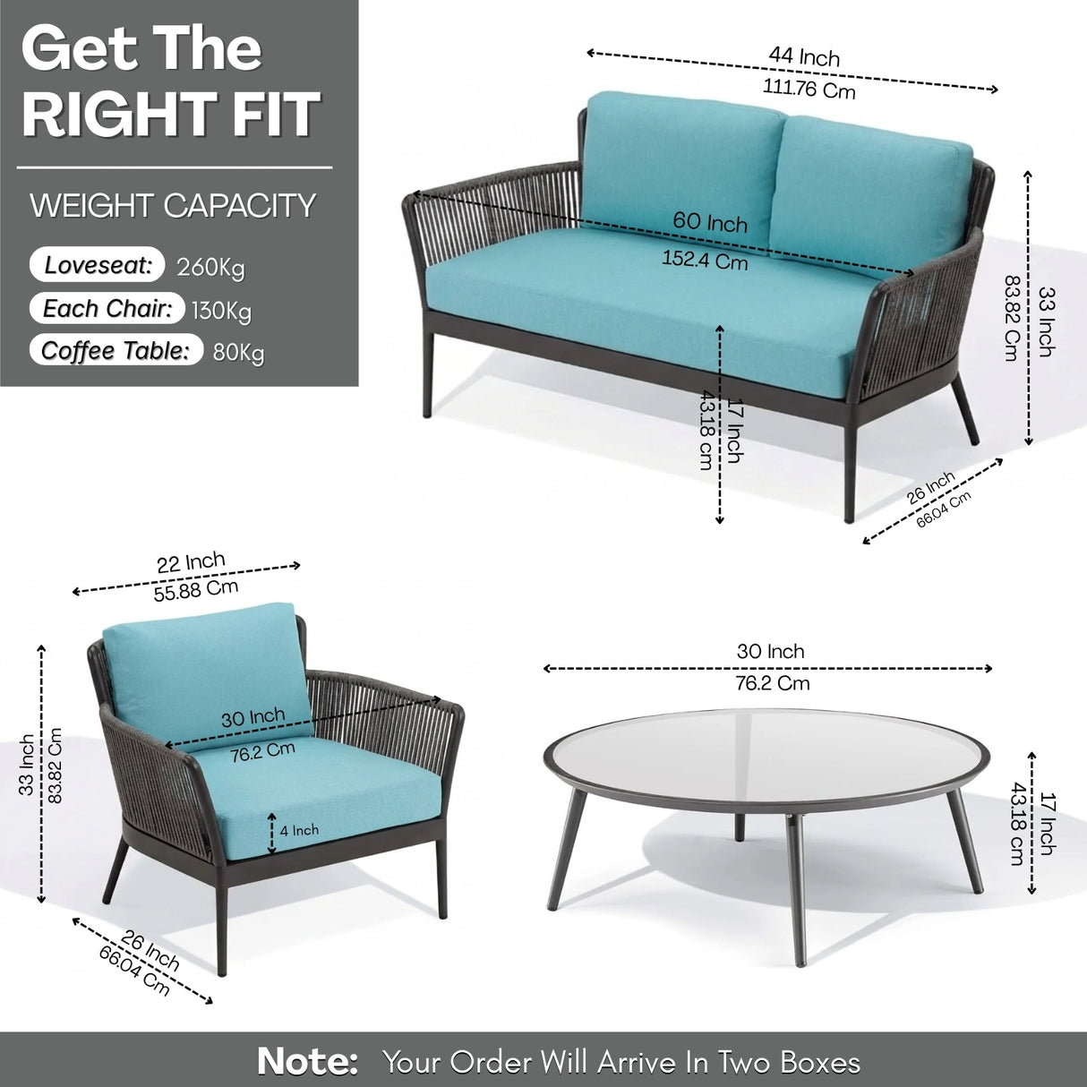 4-Piece Outdoor Rope Patio Furniture Set with Glass Top Table (Grey & Sky-Blue)