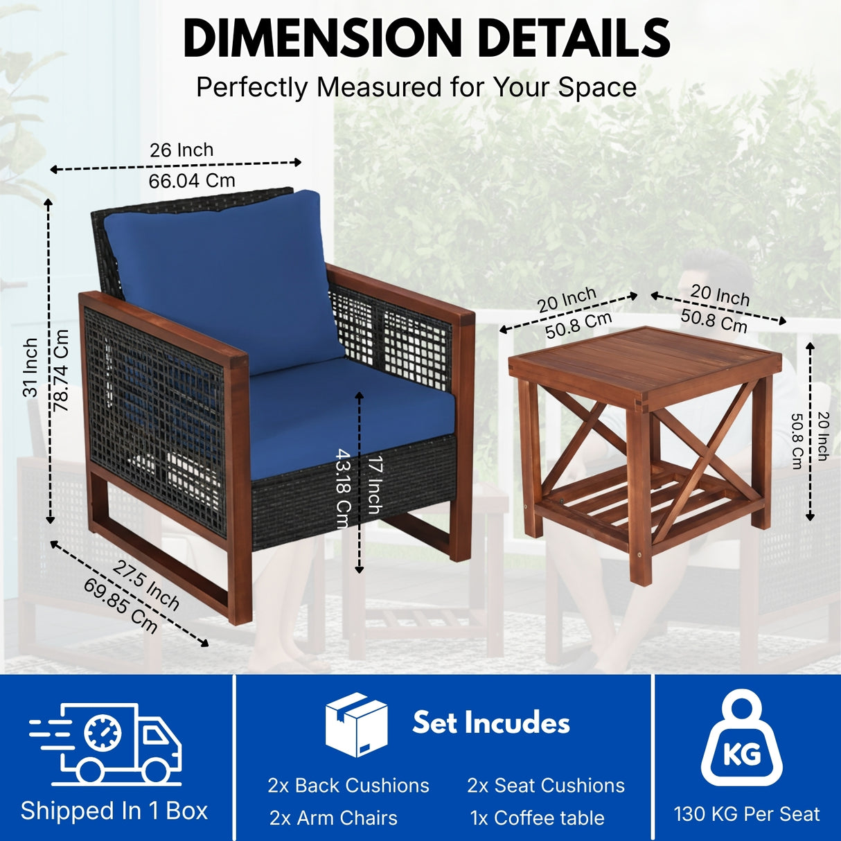 Outdoor Wicker 3-Piece Patio Furniture Set with Solid Wooden Frames (Dark Brown & Blue)