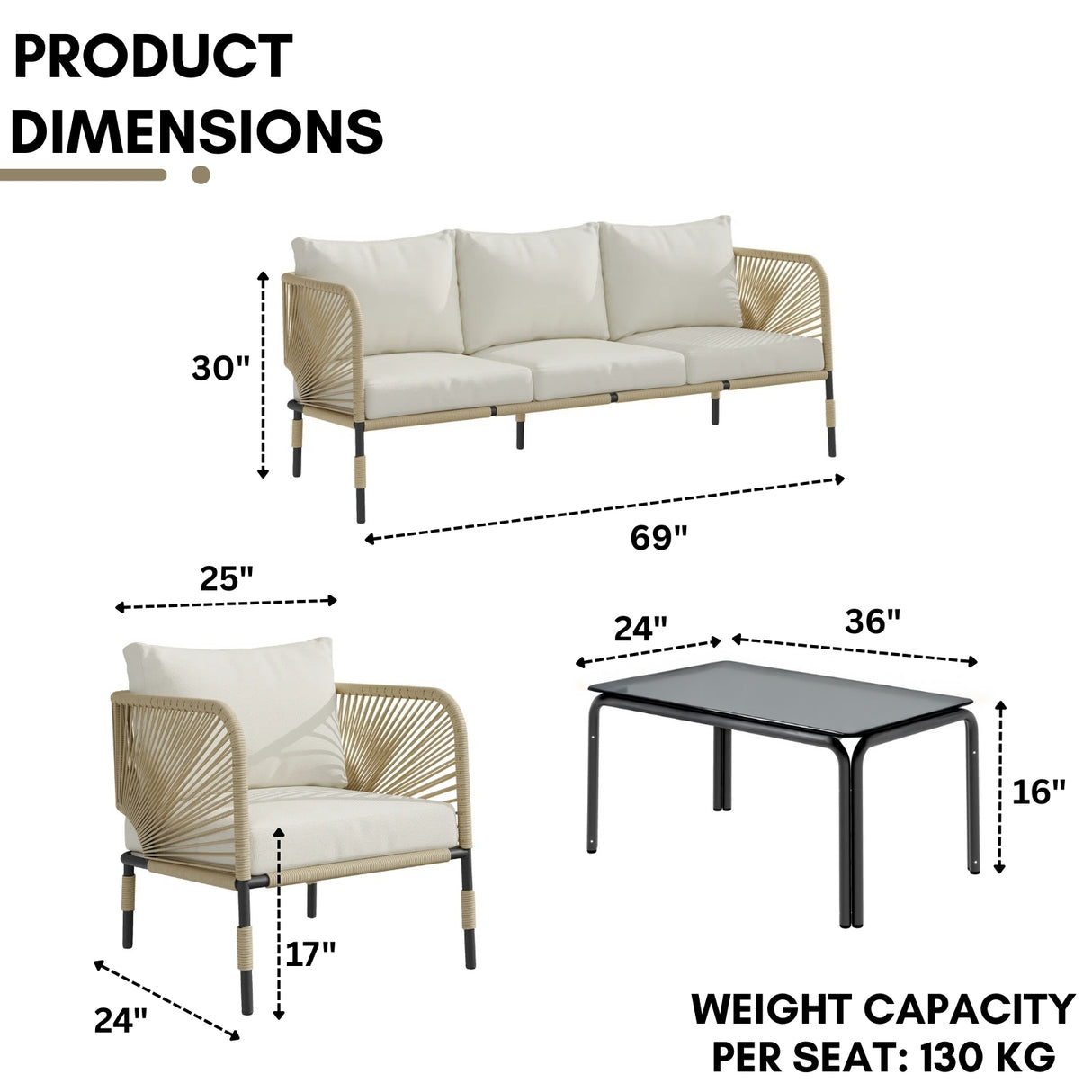 Outdoor Rope 5-Seater Sofa Set With Glass Top Table