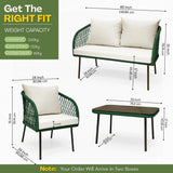 Outdoor Rope 4-Seater Sofa Set with Glass Top Table (Green & Off-white)