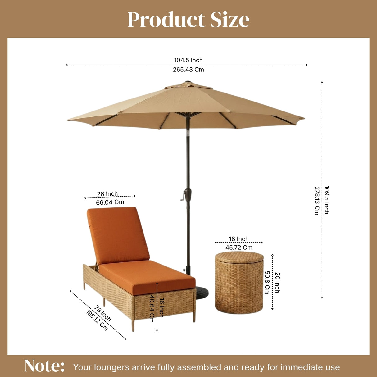 Outdoor Wicker Rattan Lounger Set of 2 with Patio Umbrella (Beige & Orange)