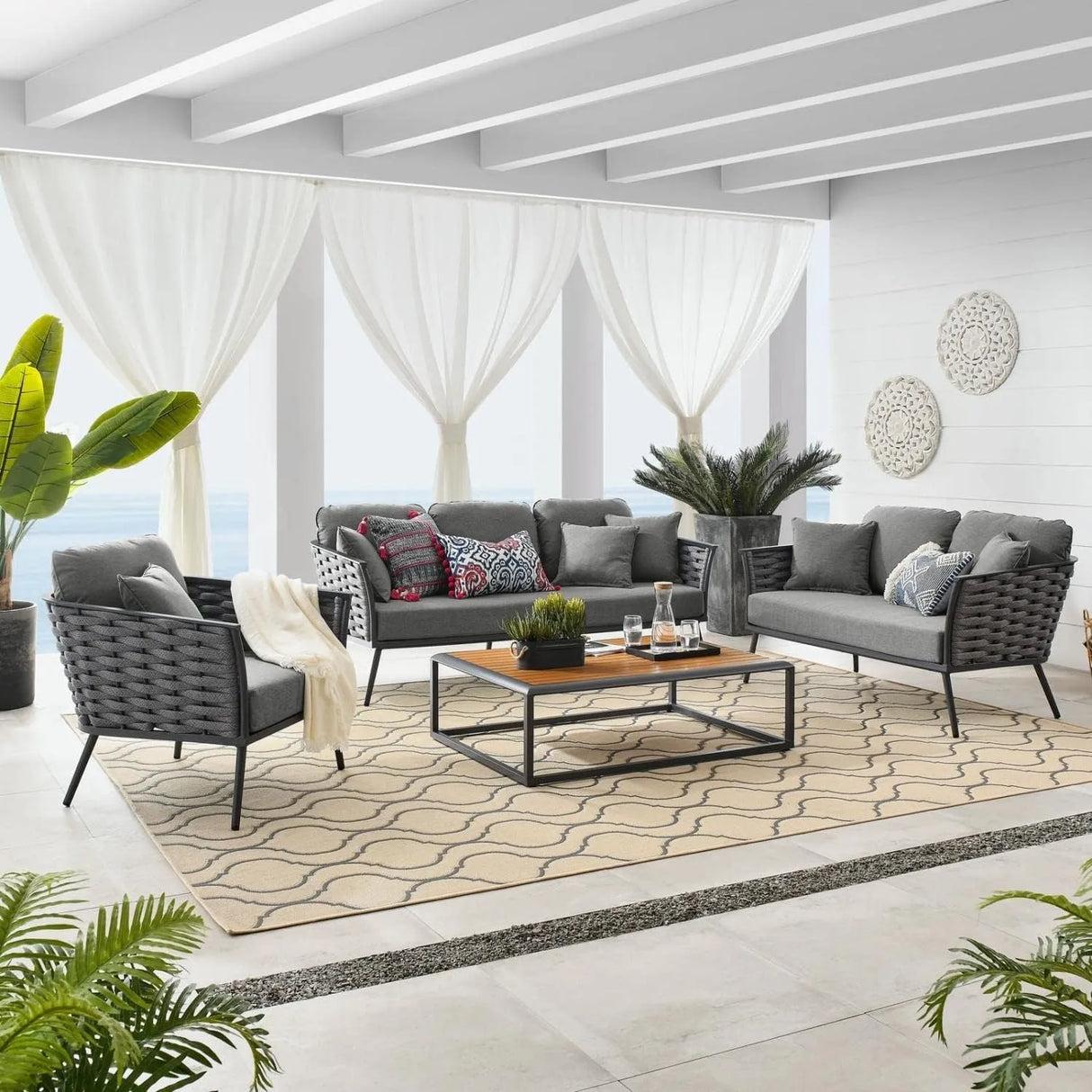 4 Piece Outdoor Rope Sofa Set with Wooden Top Table