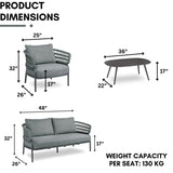 Outdoor Rope 4-Piece Patio Sofa Set with Glass Top Table (Grey)