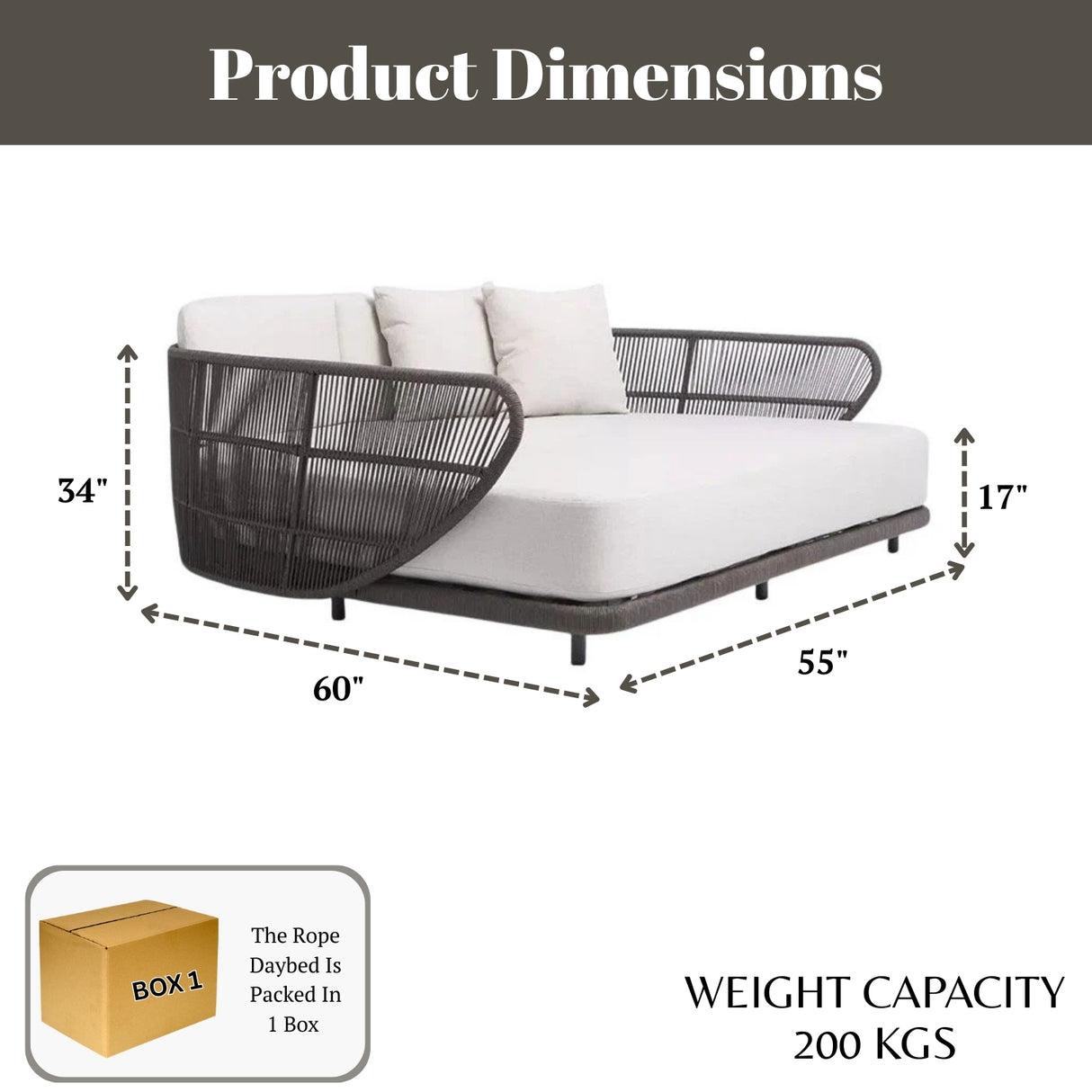 Outdoor Grey Rope Patio Daybed With Off-White Cushion