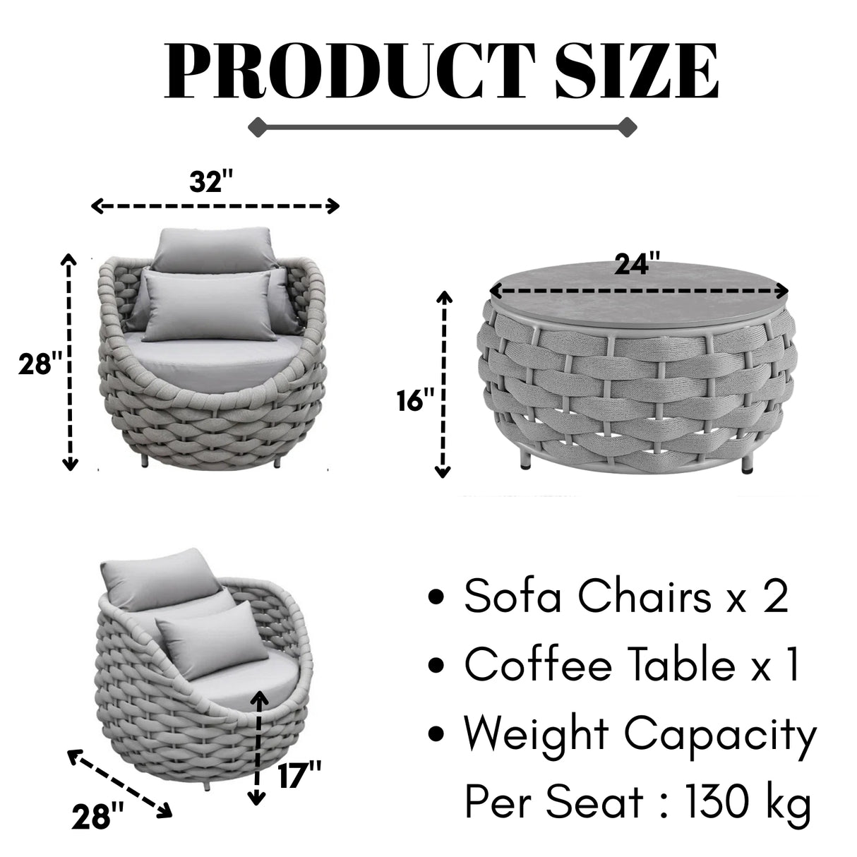 Bird’s Nest Shape 3-Piece Hand-Woven Rope Patio Set