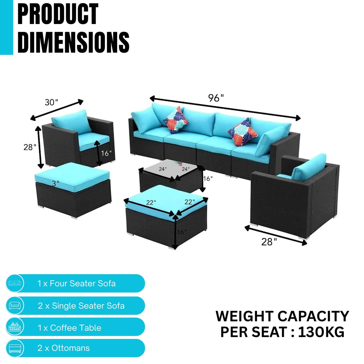 6-Piece Outdoor Conversation Set (Black/Sky-Blue)