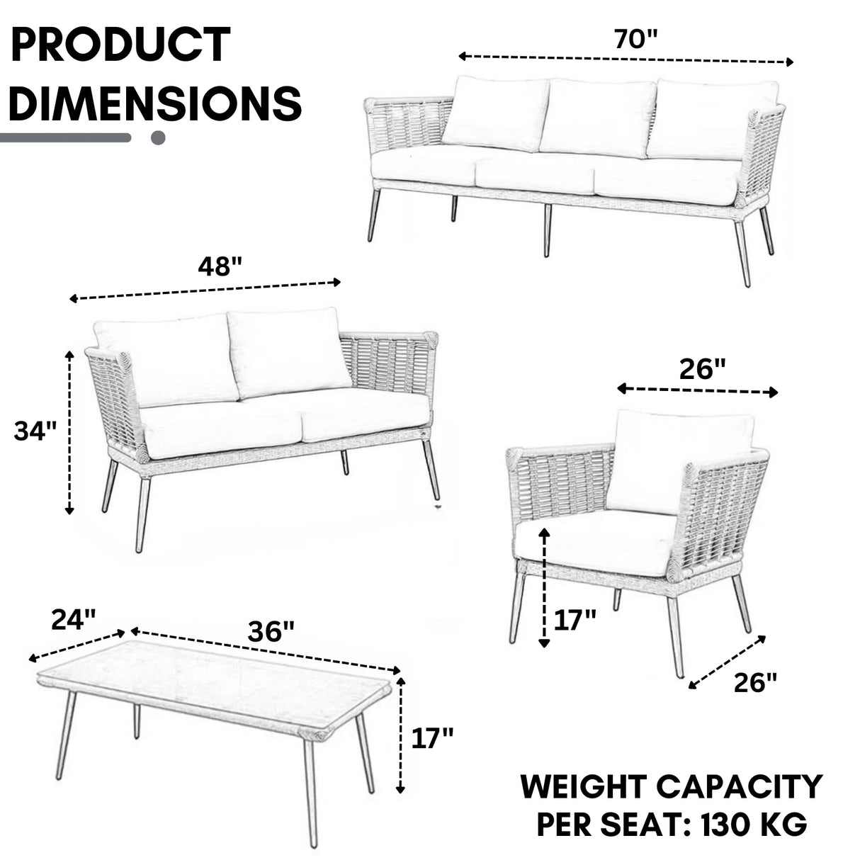 Outdoor Grey Rope 7-Seater Sofa Set With Glass Top Table