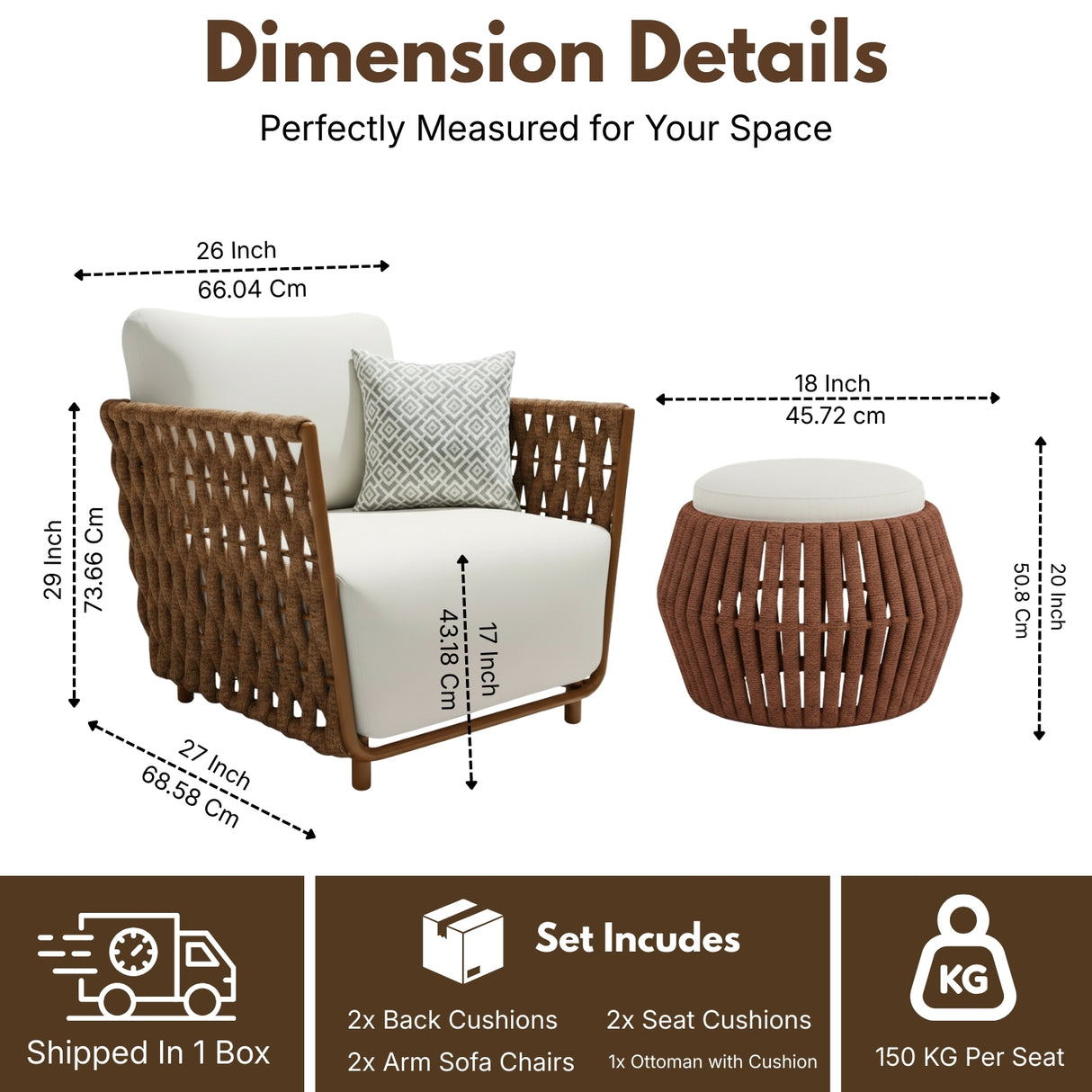 Outdoor Rope 3-Piece Patio Sofa Set (Brown & Off-White)