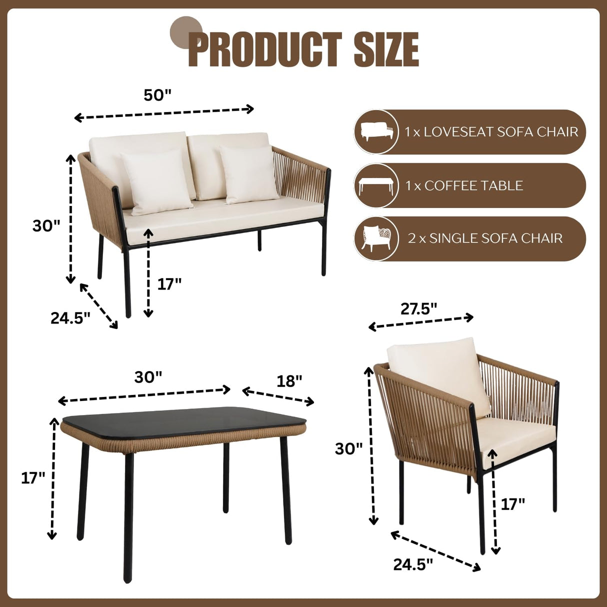 Outdoor 4 Seater Rope Sofa Set