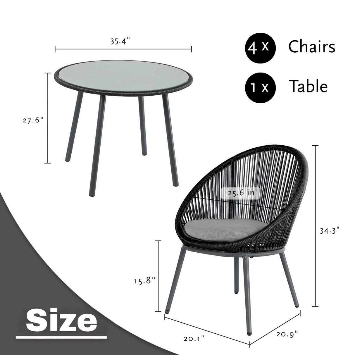 5-Piece Outdoor Patio Dining Set with Rope Chairs & Glass Top Table