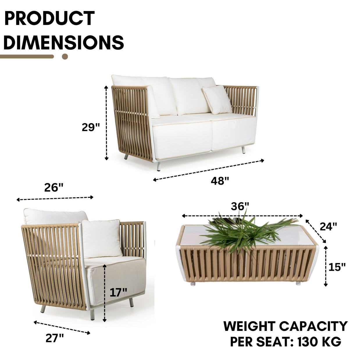All-Weather Rope 4- Seater Sofa Set With Glass Top Table