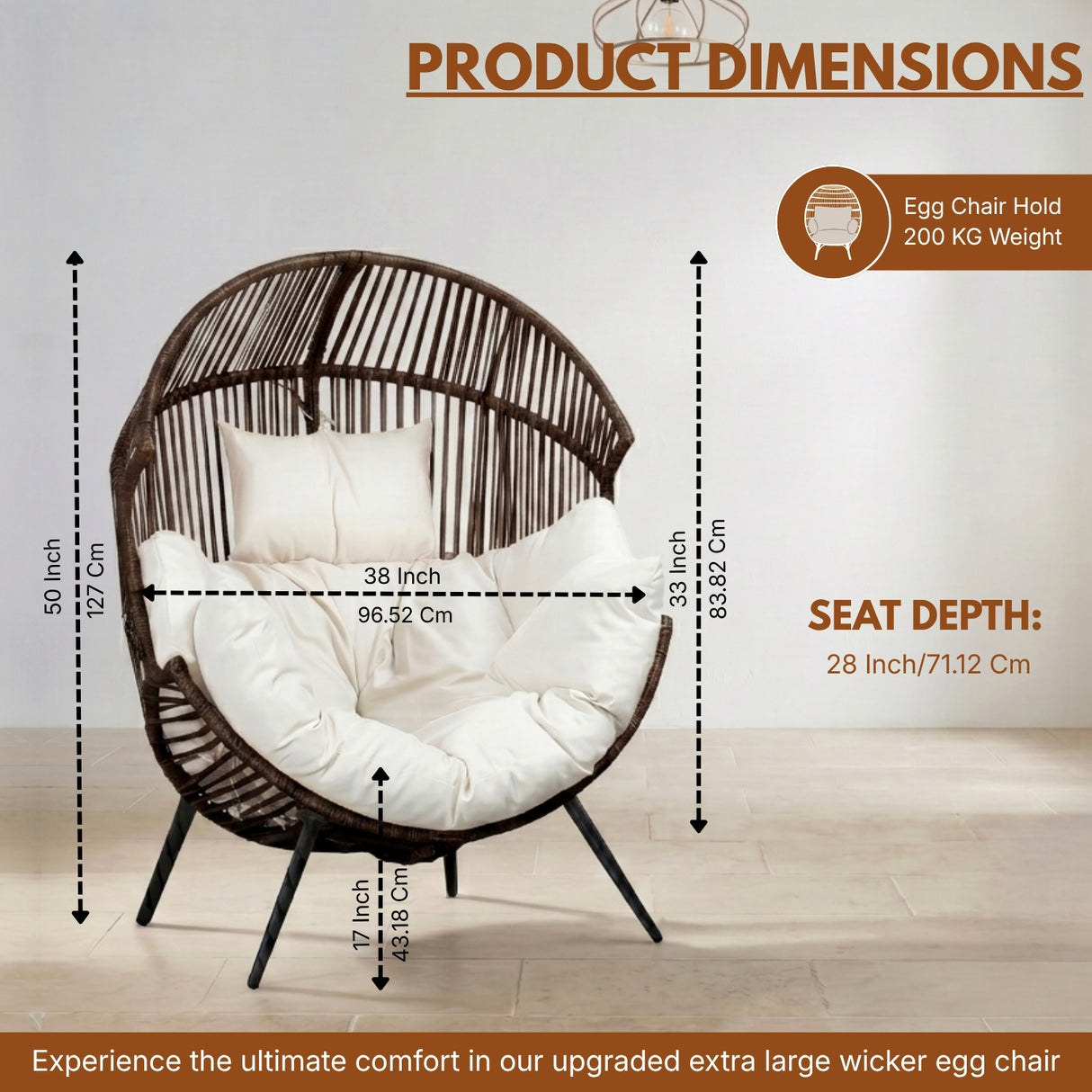 Outdoor Wicker Egg Chair with Plush Cushions (Dark Brown& Off-White)