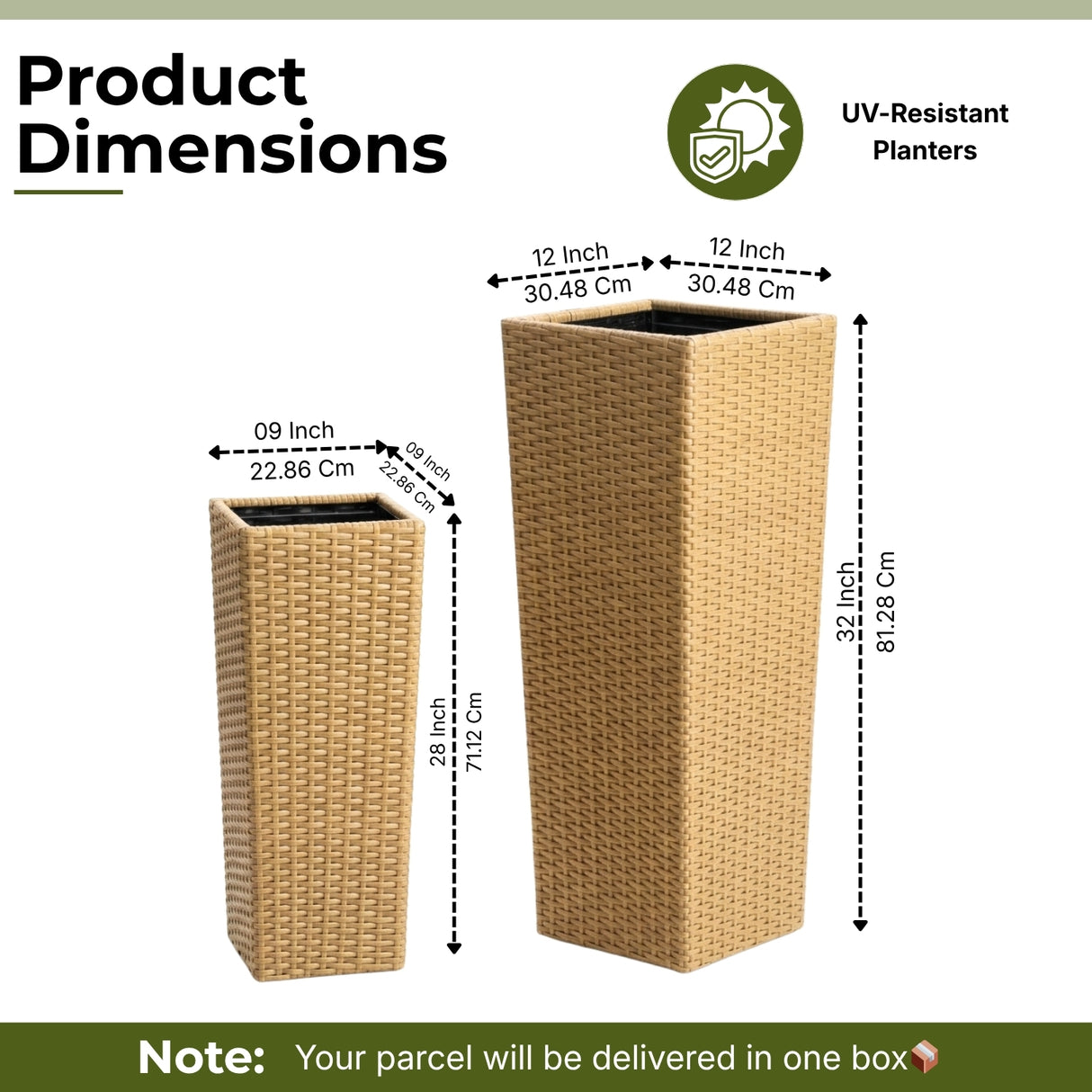 2-Piece Outdoor Rattan Wicker Tall Square Planters (Beige)