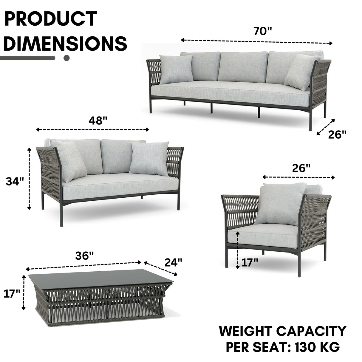 Outdoor Rope 7-Seater Sofa Set With Glass Top Table