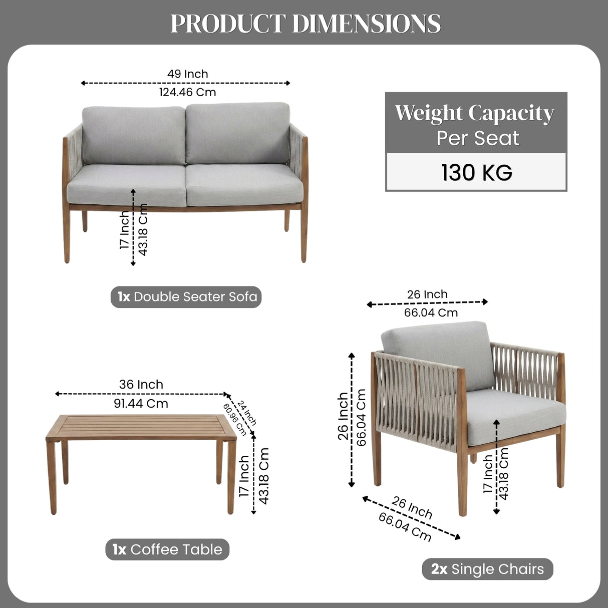 Outdoor Rope Sofa Set with Teak Wood Frames (Grey)