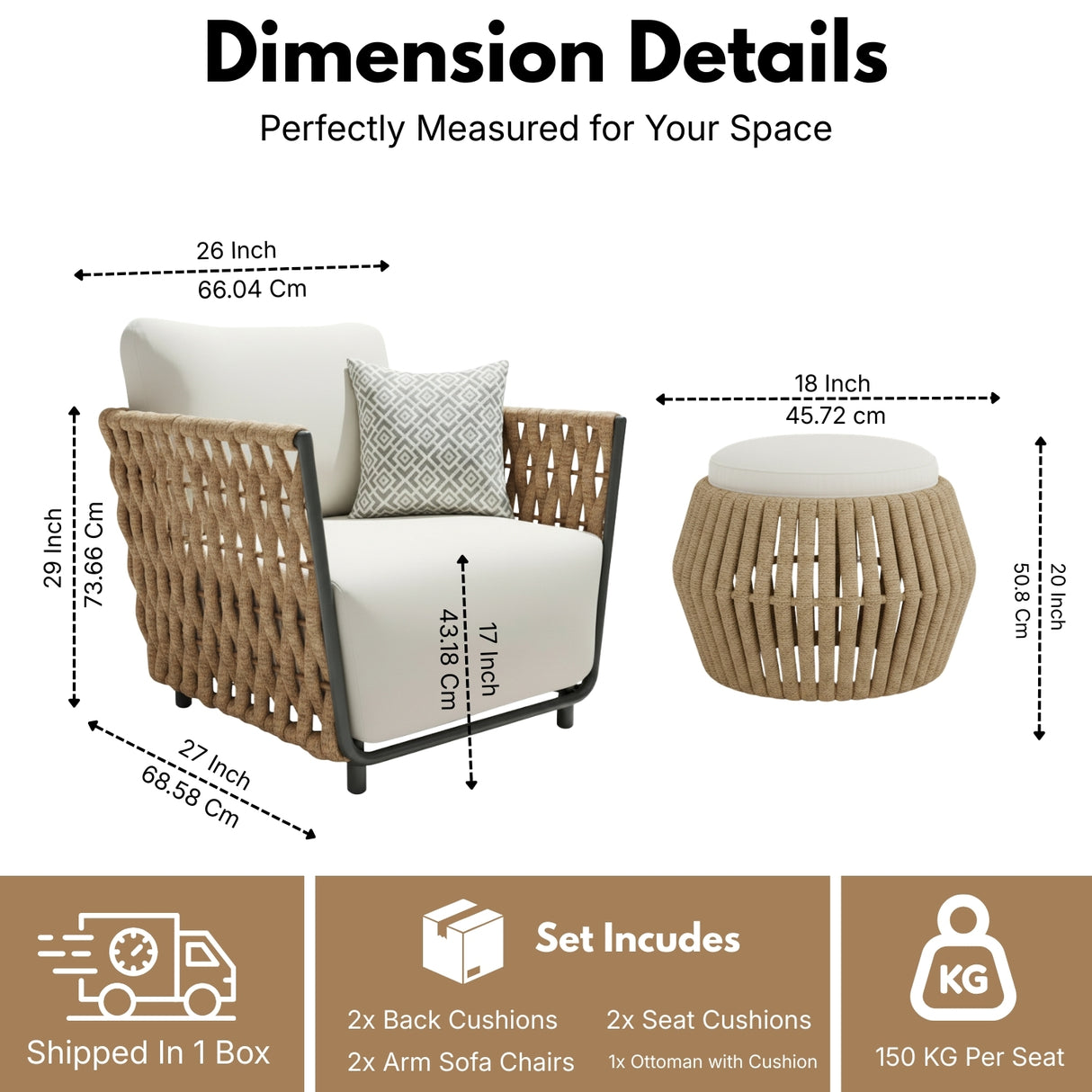 Outdoor Rope 3-Piece Patio Sofa Set (Beige & Off-White)