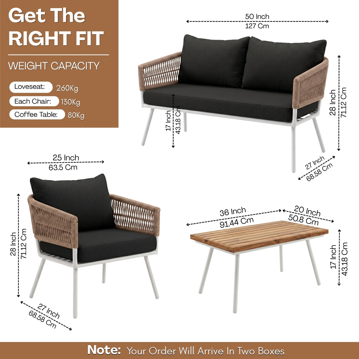 Outdoor Rope Sofa Set with Wooden Top Center Table (Beige & Black)