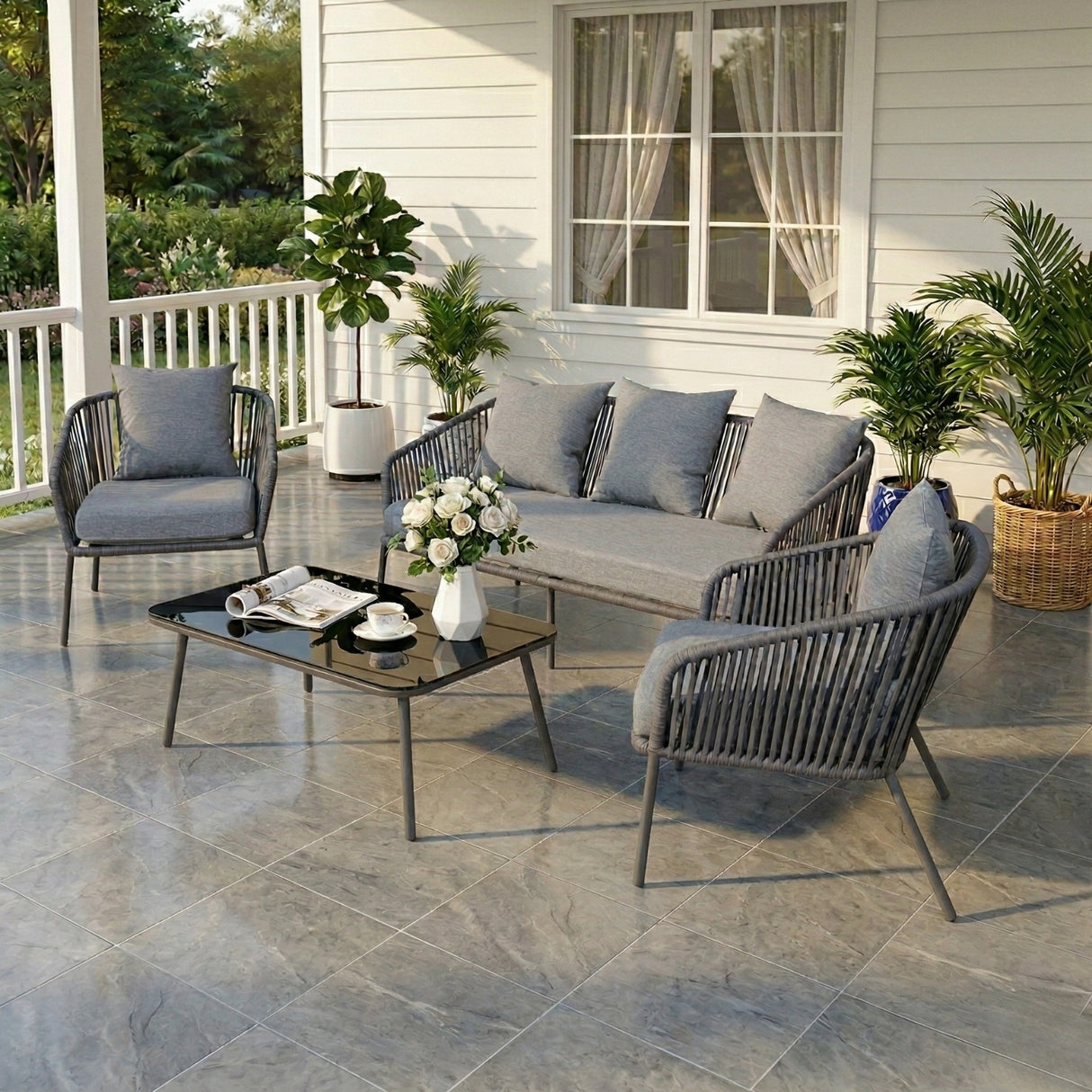 4-Piece Outdoor Rope Patio Sofa Set (Grey)