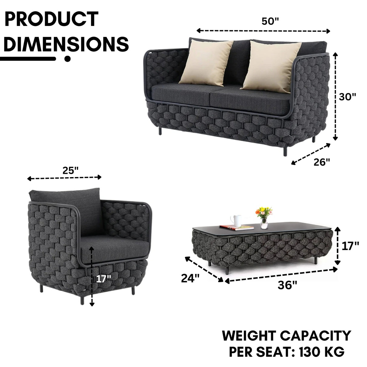 4 Piece Outdoor Rope Sofa Set with Glass Top Coffee Table (Black)
