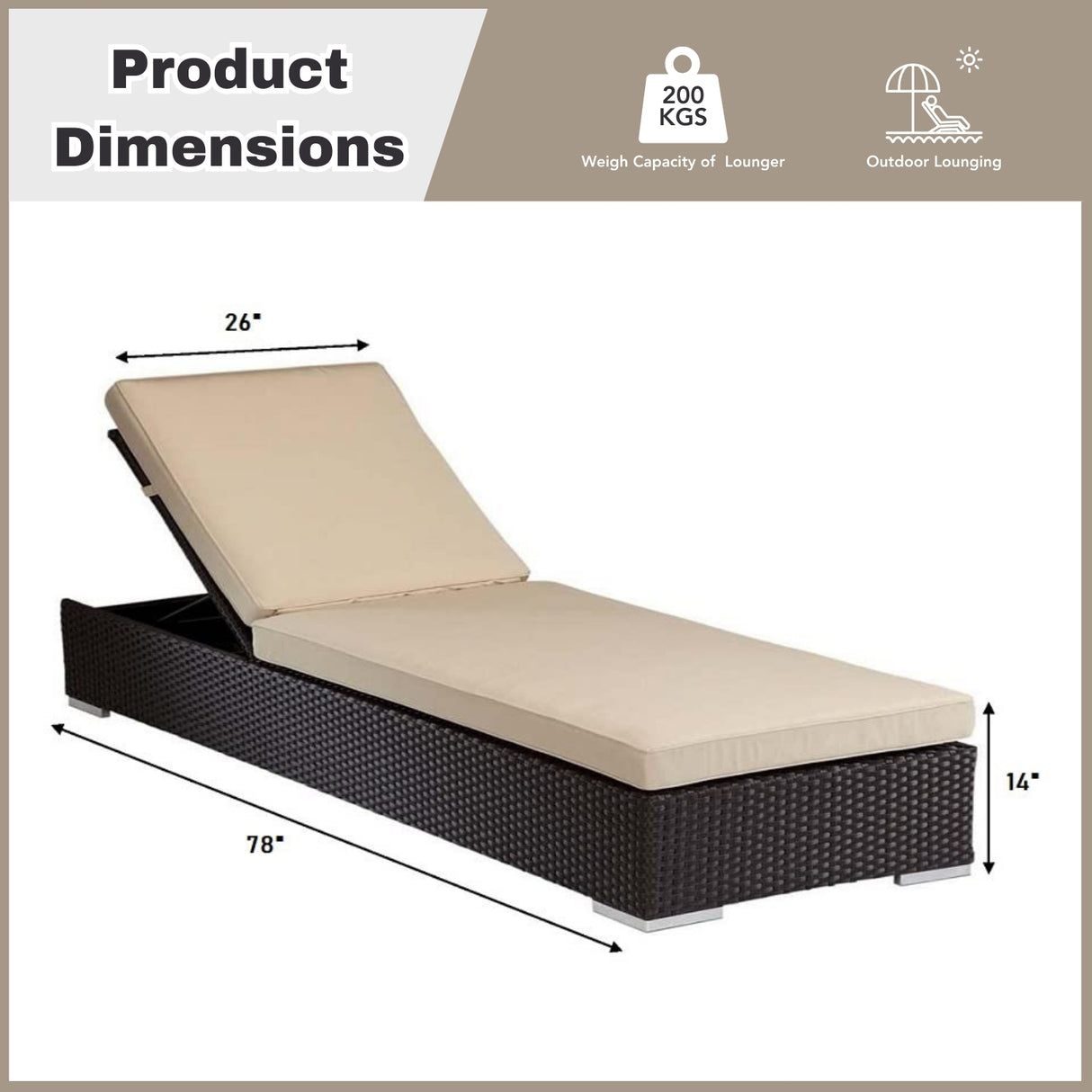 Outdoor All-Weather Rattan Wicker Lounger (Dark Brown & Cream)
