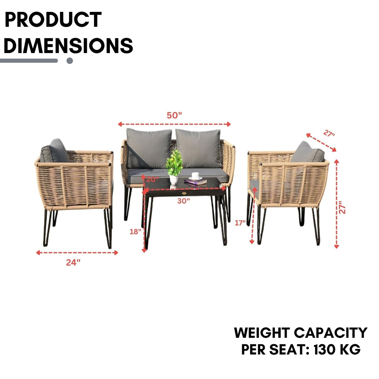 Outdoor Rope 4-Piece Patio Sofa Set with Glass Top Table (Beige & Dark Grey)