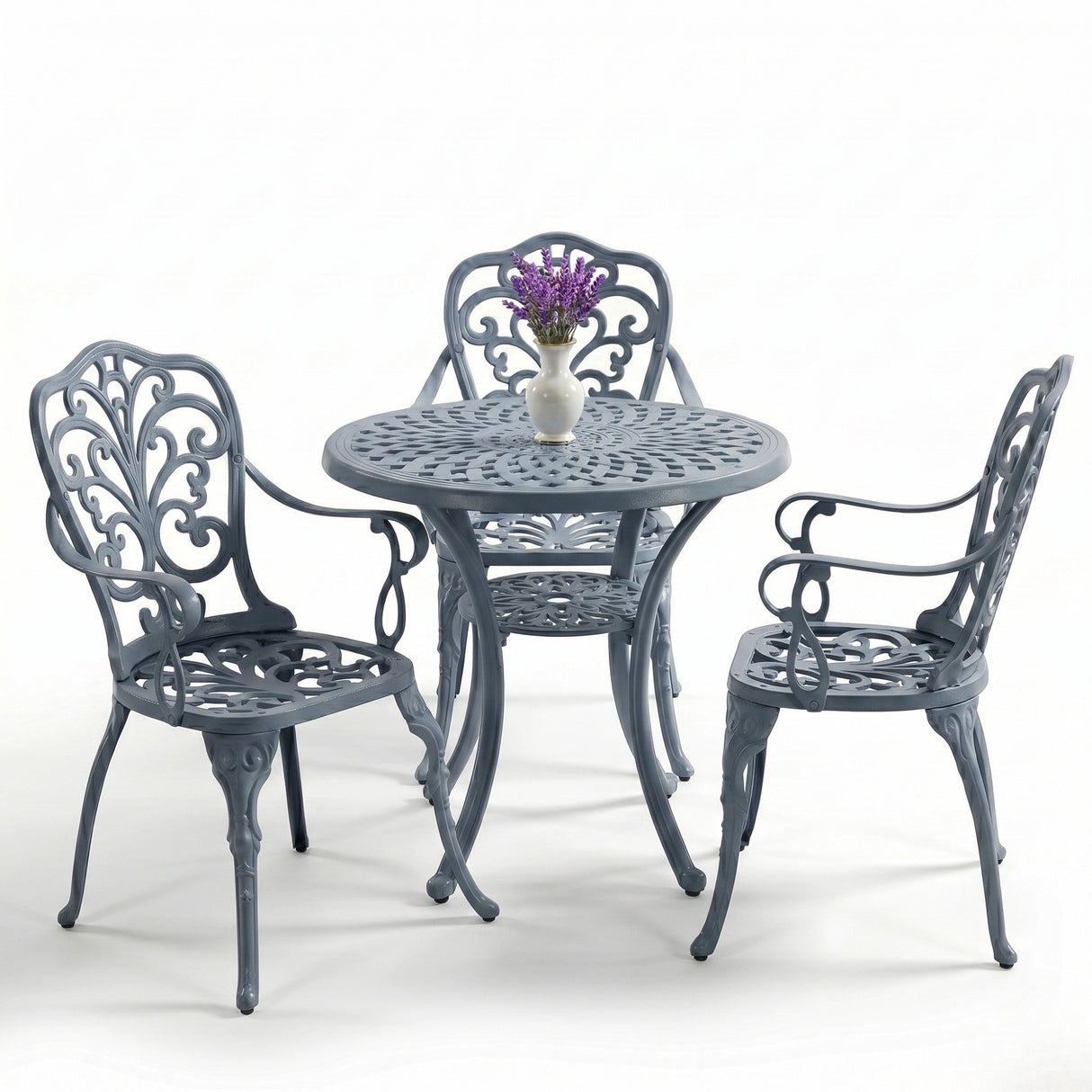 3-Seater Outdoor Cast Aluminum Bistro Set with Round Table (Grey)