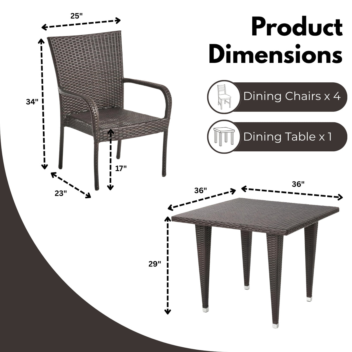 Outdoor All-Weather Resistant Rattan Wicker 5-Piece Dining Set (Dark Brown)