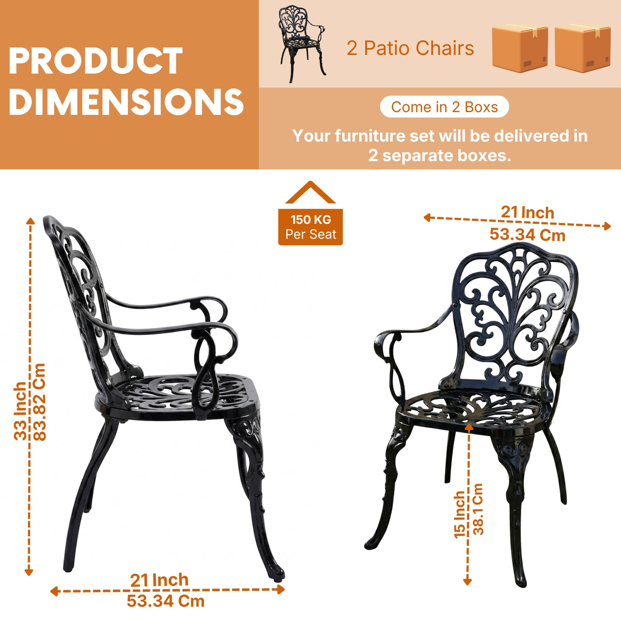 Outdoor Cast Aluminum Bistro Set with 2 Chairs (Black)