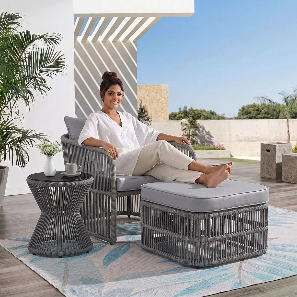 Outdoor 3 Piece Rope Patio Sofa Set (Grey)