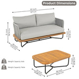 Outdoor Rope 2-Seater Sofa Set with Wooden Base & Slatted Wooden Coffee Table