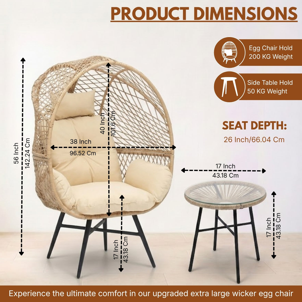 Outdoor Wicker Egg Chair with Glass Top Side Table (Beige & Cream)