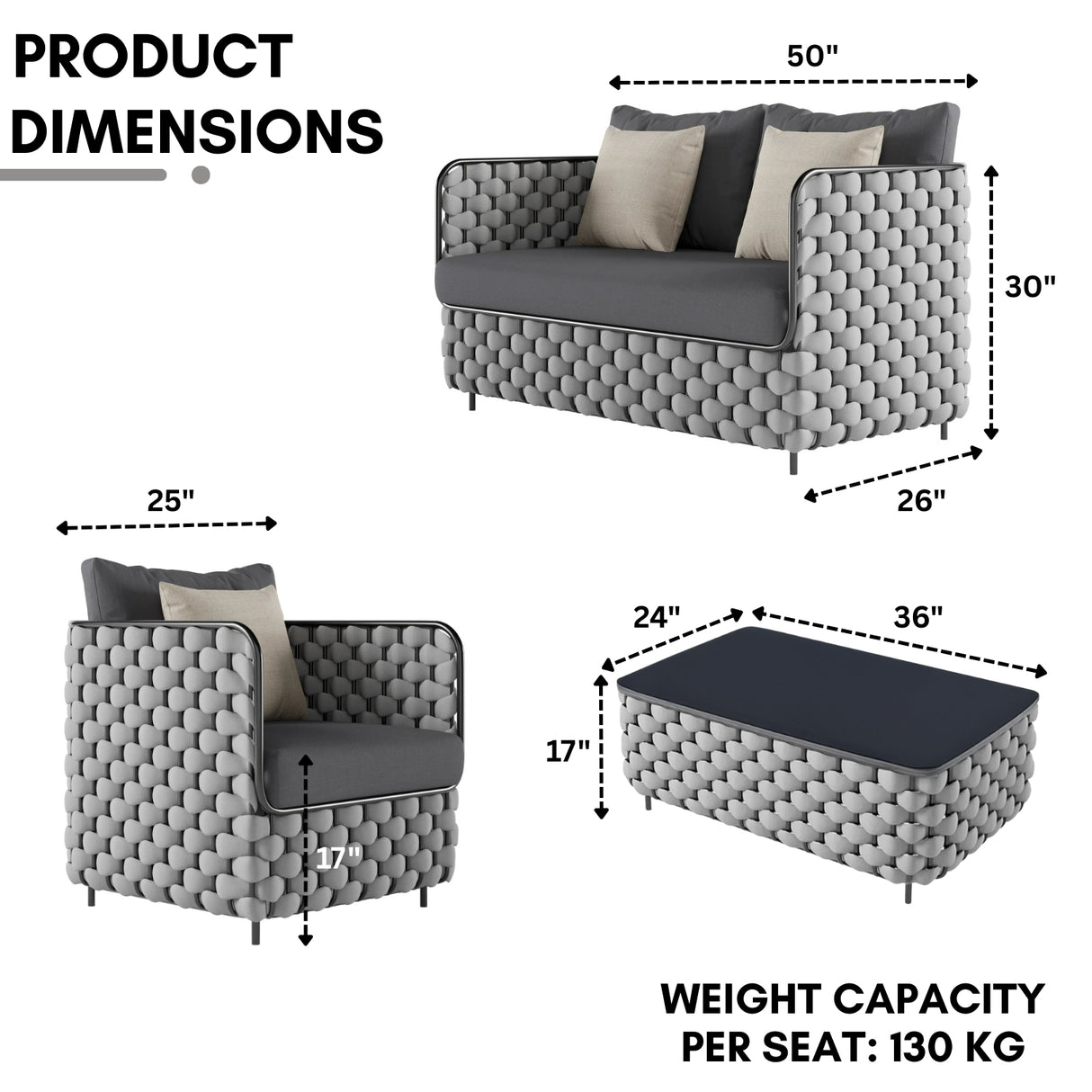 4 Piece Outdoor Rope Sofa Set with Glass Top Coffee Table (Light Grey & Dark Grey)