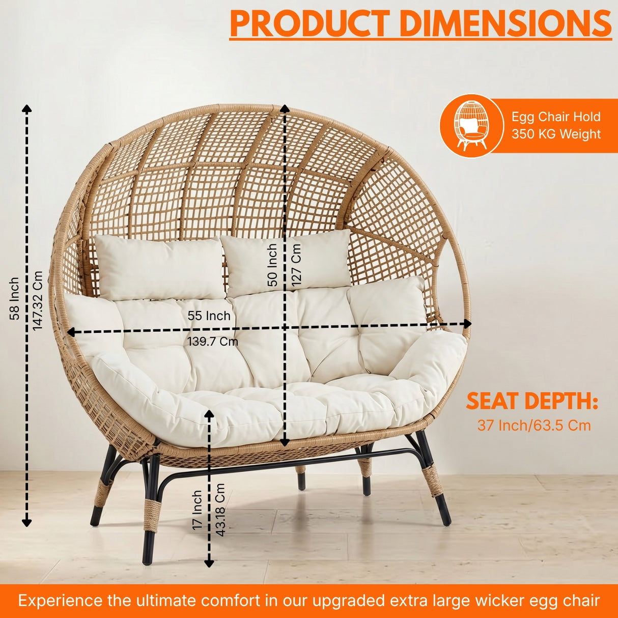 Outdoor Rattan Wicker Double Seater Egg Chair (Beige & Cream)