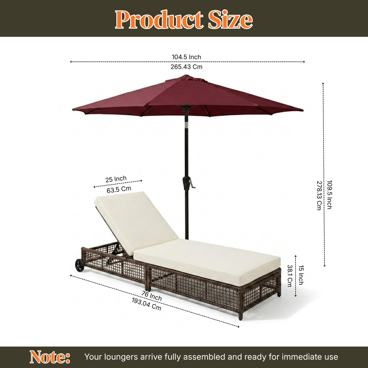 Outdoor Wicker Rattan Lounger Set of 2 with Patio Umbrella (Dark Brown & Off-White)