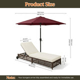 Outdoor Wicker Rattan Lounger Set of 2 with Patio Umbrella (Dark Brown & Off-White)