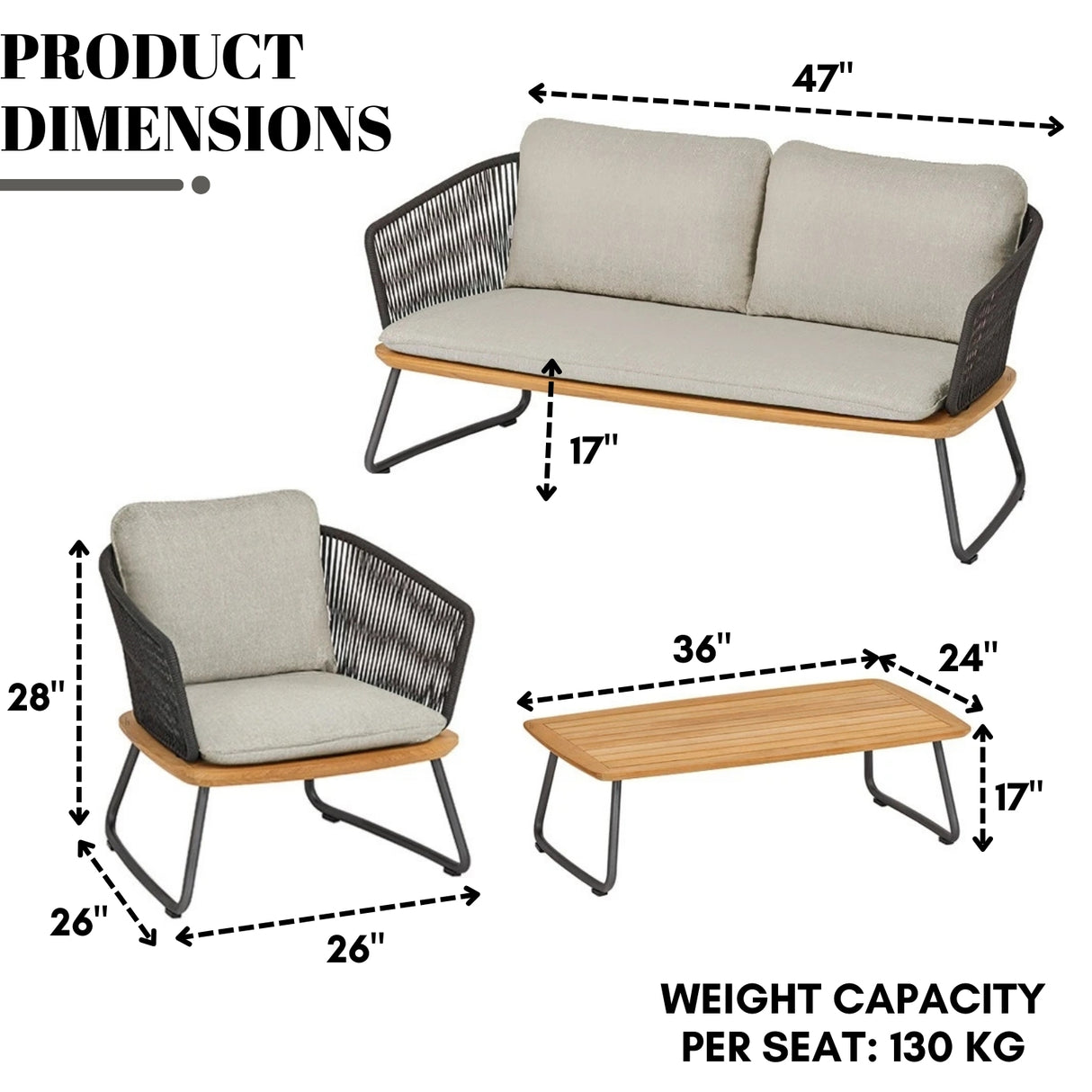 Outdoor Rope 4-Piece Sofa Set With Wooden Top Table