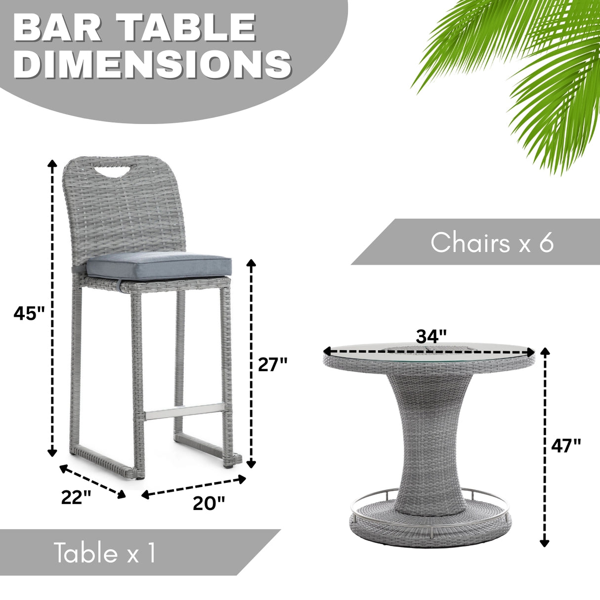 7-Piece Outdoor Rattan Wicker Bar Set with Round Glass Top Table