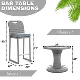 7-Piece Outdoor Rattan Wicker Bar Set with Round Glass Top Table
