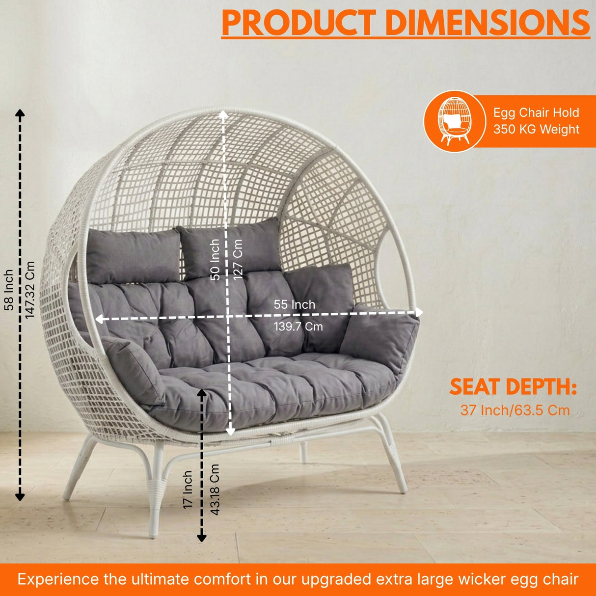 Outdoor Rattan Wicker Double Seater Egg Chair (White & Grey)