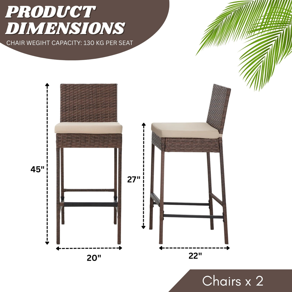 Outdoor Rattan Wicker Bar Chairs Set of 2