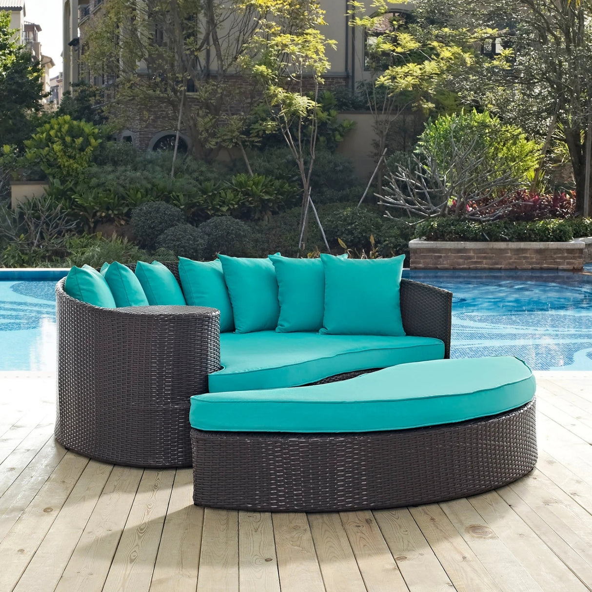 Outdoor Rattan Wicker Daybed (Dark Brown & Turquoise Blue)