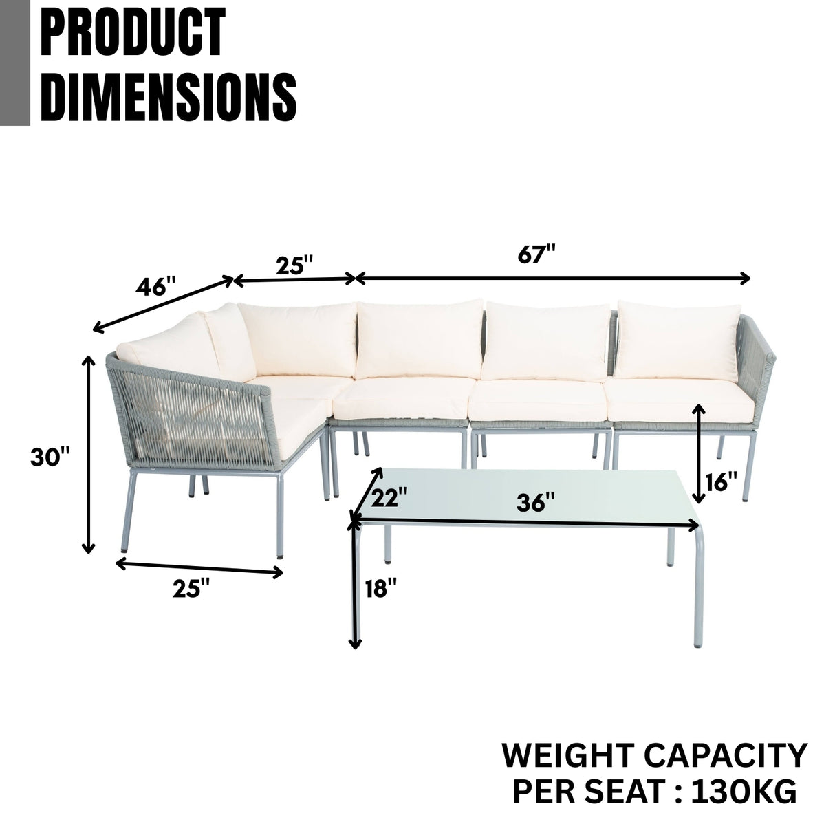 Outdoor Grey Rope L-Shape All Weather Sectional Sofa Set