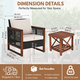 Outdoor Wicker 3-Piece Patio Furniture Set with Solid Wooden Frames (Dark Brown & White)