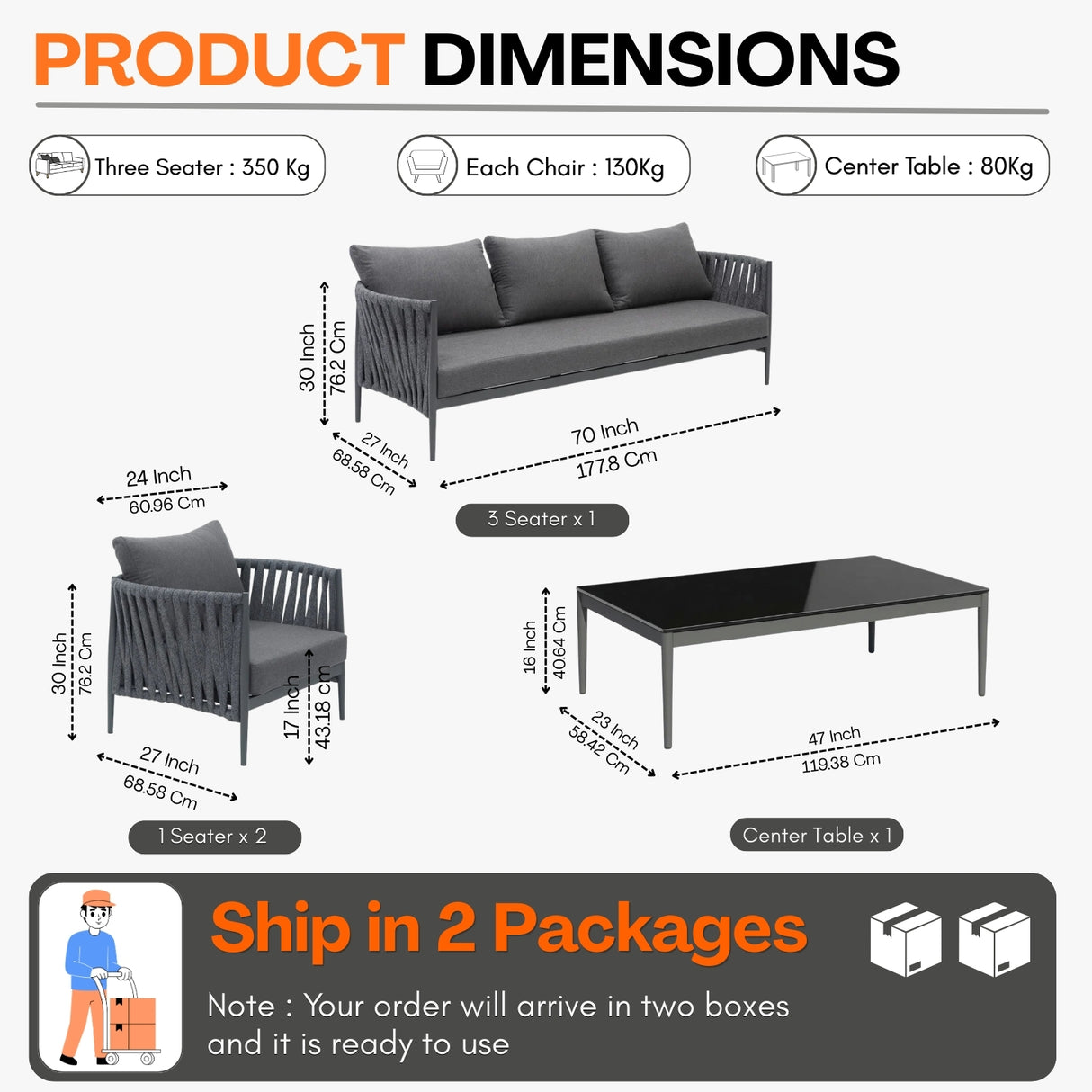 Outdoor Rope 5-Seater Sofa Set With Glass Top Table
