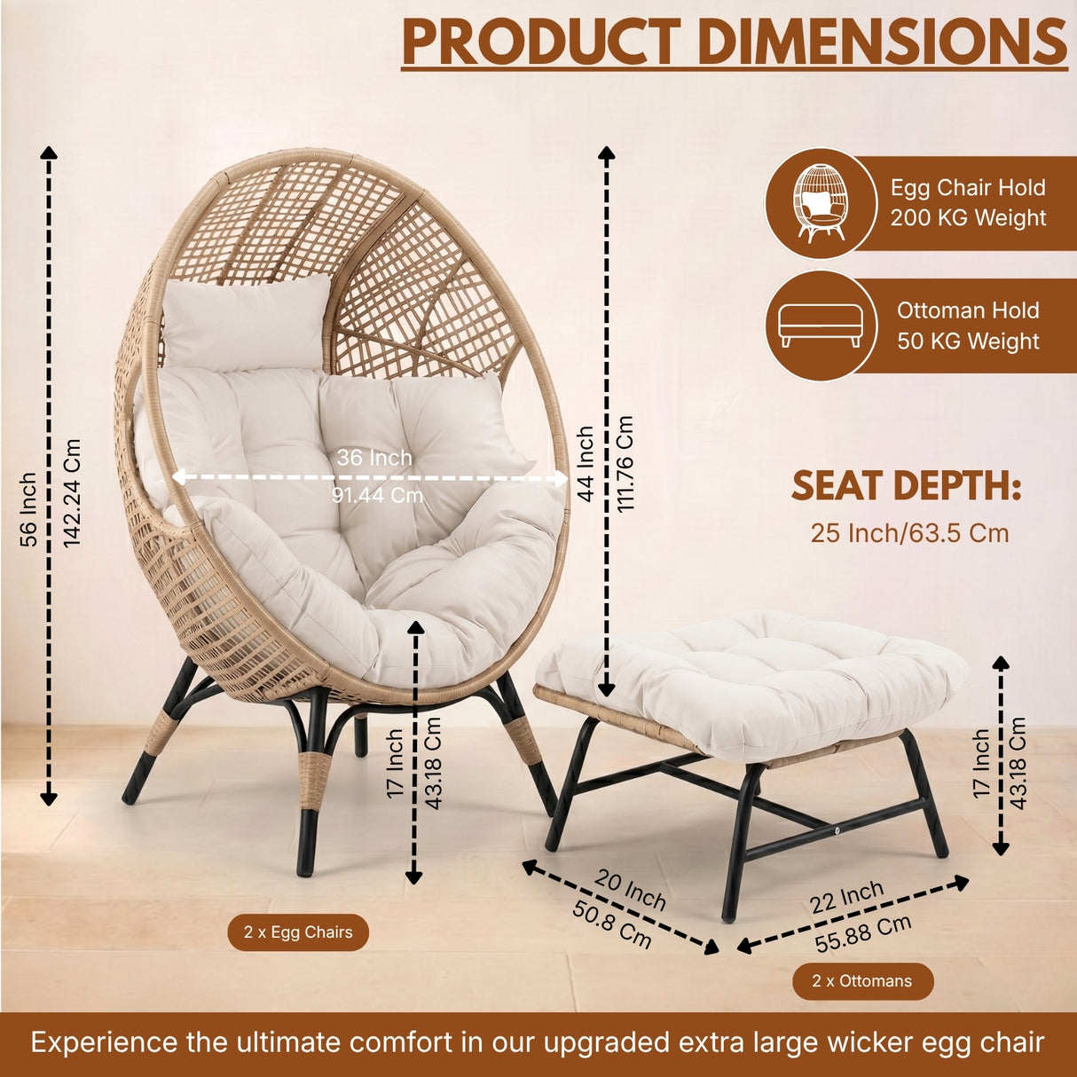 4-Piece Outdoor Wicker Egg Chair Set with Ottomans (Beige & Off-White)