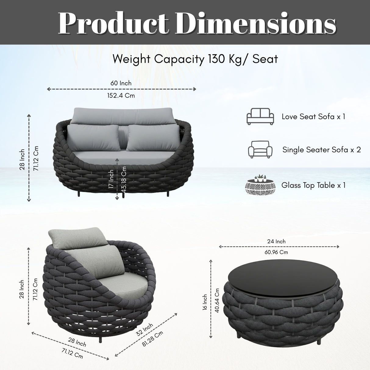 4 Piece Outdoor Rope Sofa Set (Grey & Dark Grey)