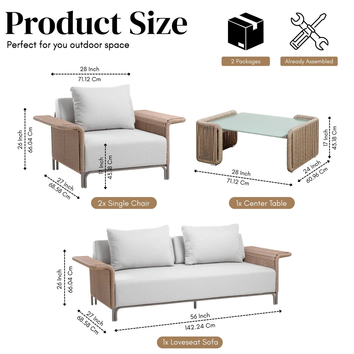 4-Piece Outdoor Rope Patio Conversation Set (Beige & Off-White)