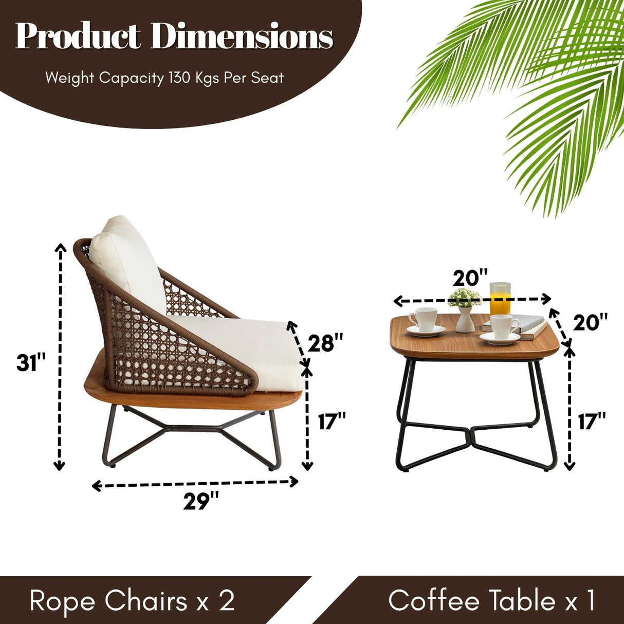 Outdoor Rope 3-Piece Patio Set With Wooden Top Table