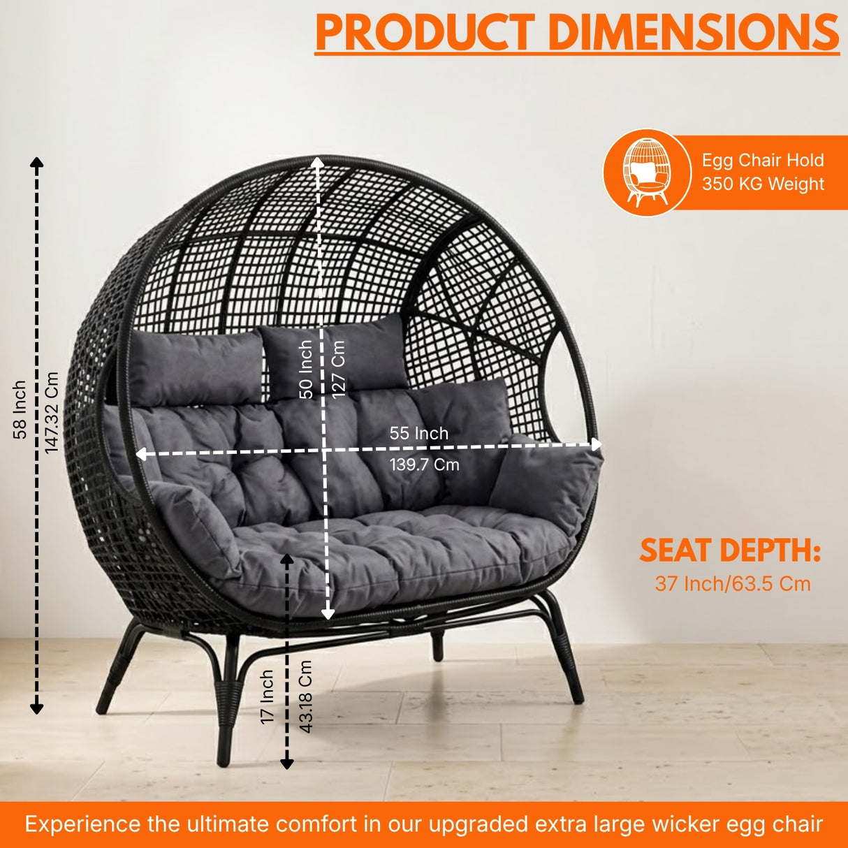 Outdoor Rattan Wicker Double Seater Egg Chair (Black & Dark Grey)